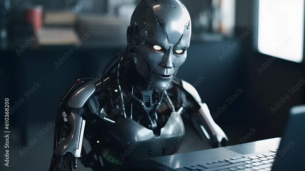cyborg android Robot working with laptop in office