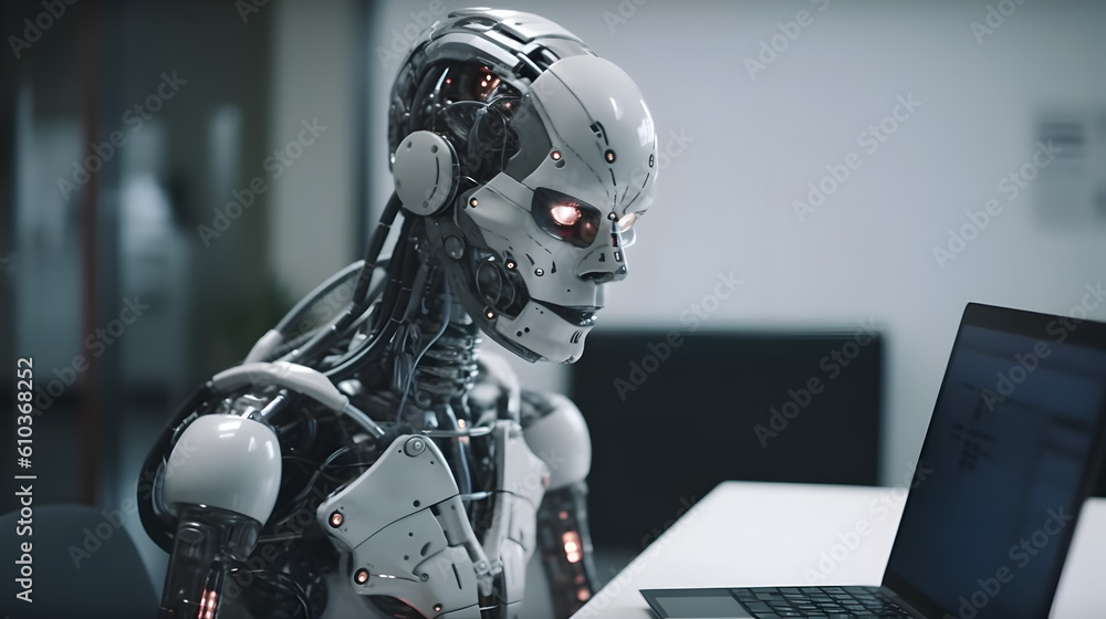 cyborg android Robot working with laptop in office cyborg android Robot working with laptop in office