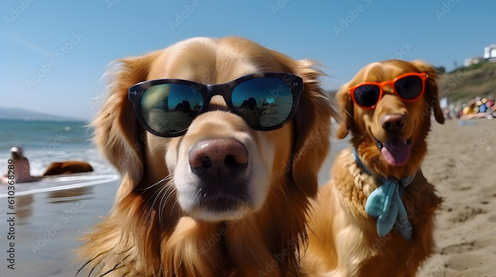 Dogs wearing sunglasses are taking selfies on a beach in the background