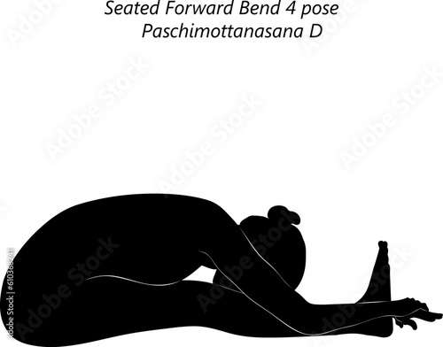 Silhouette of young woman practicing yoga, doing Seated Forward Bend 4 pose or Intense West Stretch. Paschimottanasana D. Seated. Forward Bend. Vector illustration isolated on transparent background.