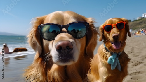 Dogs wearing sunglasses are taking selfies on a beach in the background © StockSavant