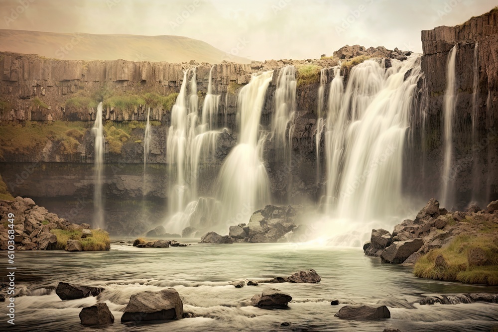 River and Lush Greenery in a Serene Landscape. Beautiful Waterfall Landscape