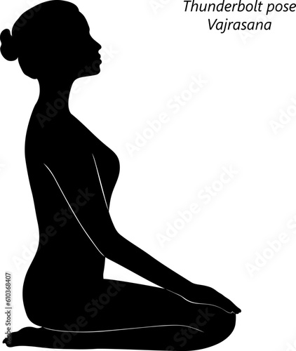 Flat black silhouette of young woman practicing yoga, doing Thunderbolt pose or Diamond pose or Kneeling pose. Vajrasana. Seated and Neutral. Vector illustration isolated on transparent background.