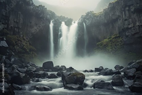 River and Lush Greenery in a Serene Landscape. Beautiful Waterfall Landscape