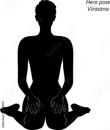 Flat black silhouette of young woman practicing yoga, doing Hero pose. Virasana. Seated and Backbend. Beginner. Vector illustration isolated on transparent background. photo