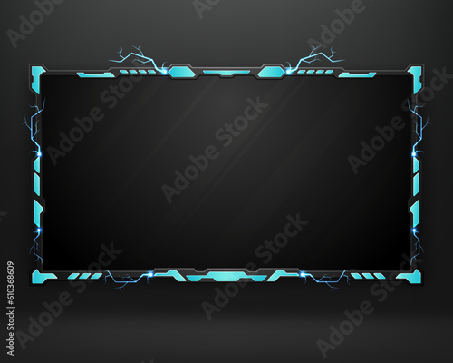 Abstract blue live stream webcam overlay screen gui border frame with neon electric lightning effect
