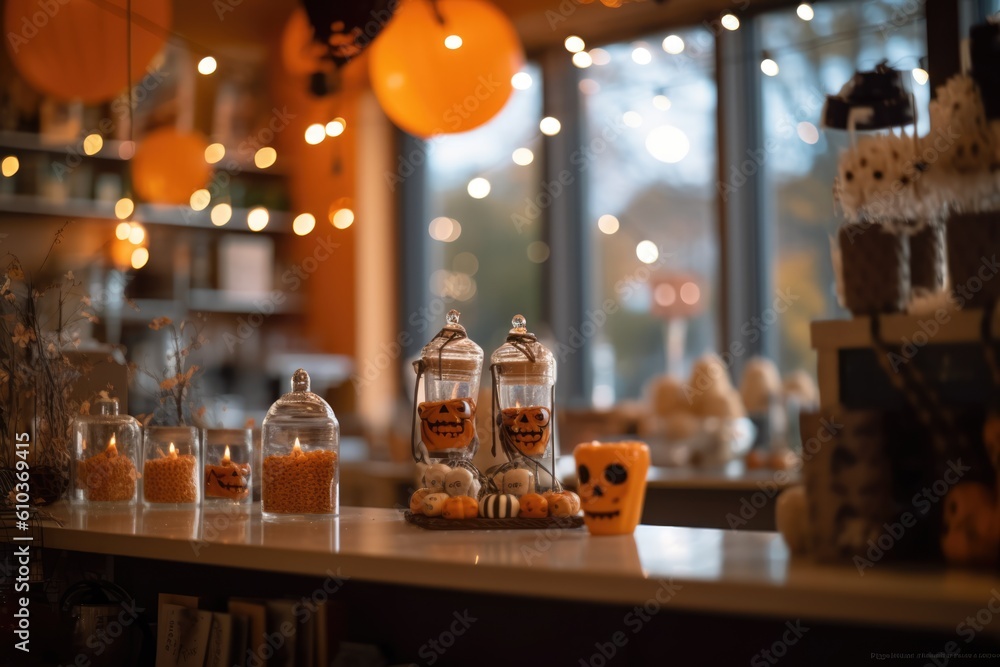 Halloween decoration in local cozy cafe interior Halloween decoration in local cozy cafe interior