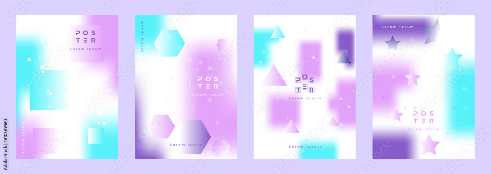 Gradient pastel colors and neon shape poster set design with blurred effect.