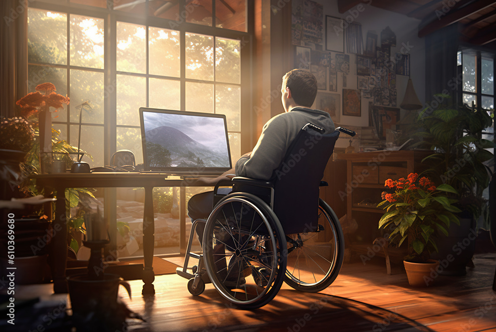 A man in a wheelchair sits at a laptop. A man in a wheelchair sits at a laptop.