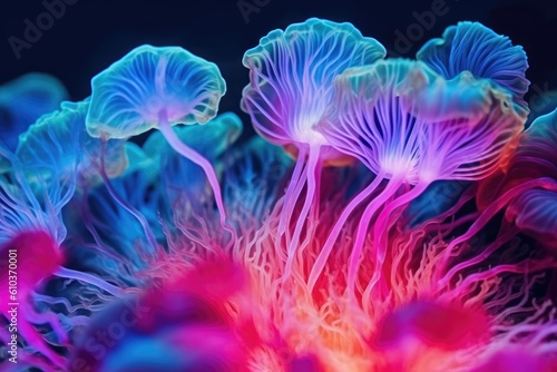 Fungus mycelium network texture in neon colors