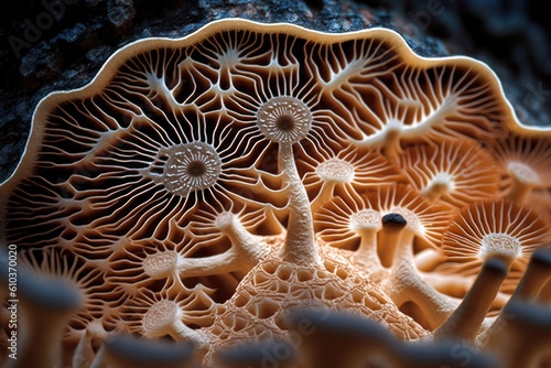 Natural fungus mycelium network texture closeup photo
