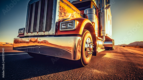 a close-up shot of a magnificent truck against the backdrop of an landscape.
