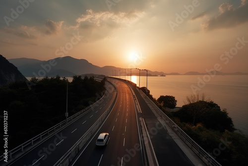 High-speed highway passing along the sea, sunset. Beautiful sunset.