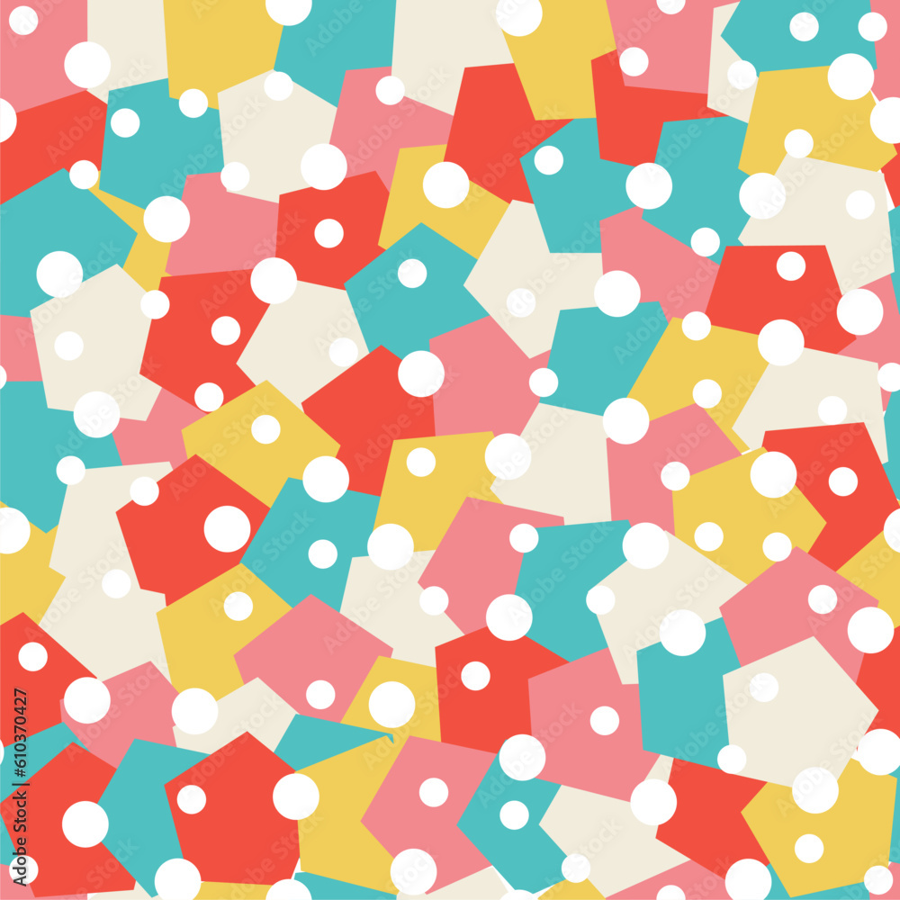 Simple geometric seamless pattern of rhombuses and circles in pastel and red colors. Vector illustration for design