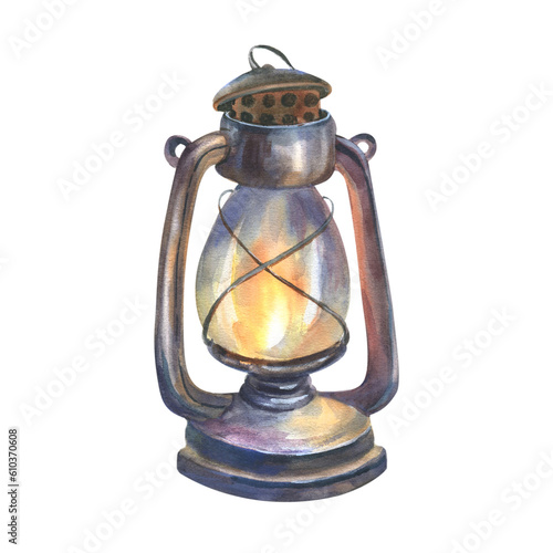 Hand drawn watercolor illustration of old Kerosene Lamp on isolated white background. Vintage lantern for travel and adventure.