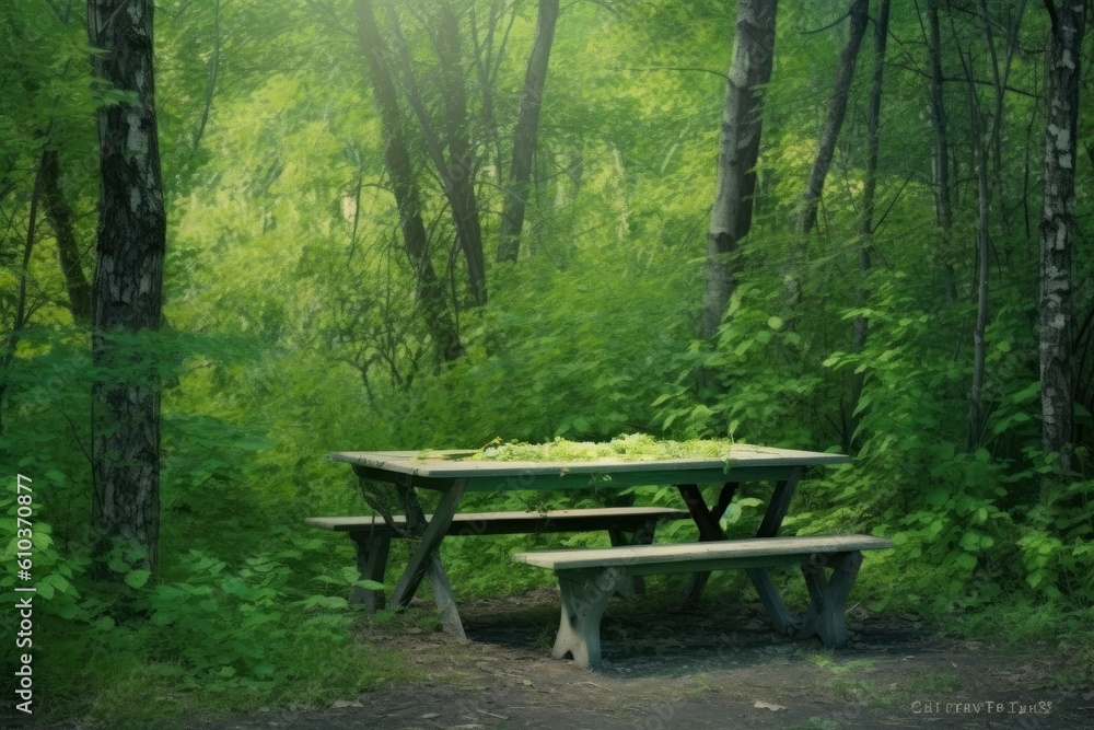 Outdoor Picnic family table in rural wooded forest Outdoor Picnic family table in rural wooded forest