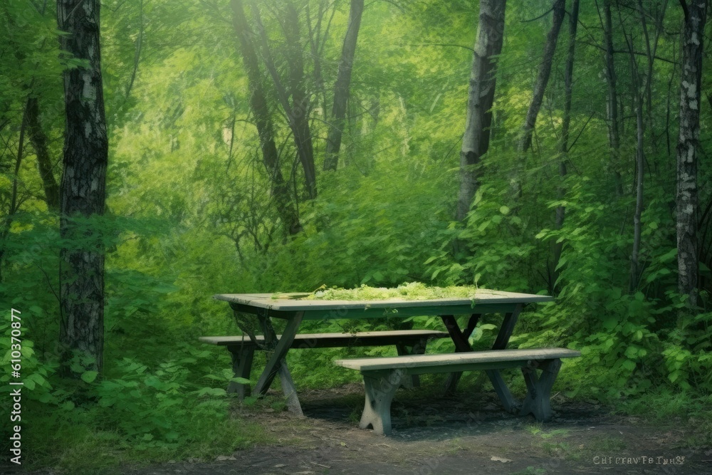 Outdoor Picnic family table in rural wooded forest