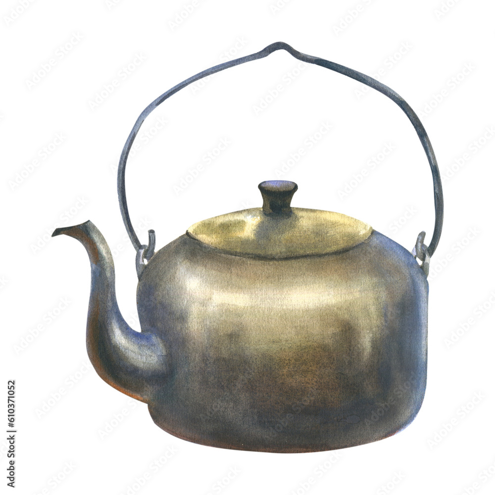 Watercolor hand drawn illustration vintage kettle, camping teapot on a white background. Clipart for postcards, stickers on the theme of travel or camping