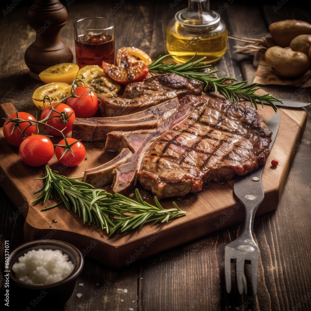 A plate of bistecca alla fiorentina, grilled steak with herbs. A plate of bistecca alla fiorentina, grilled steak with herbs.