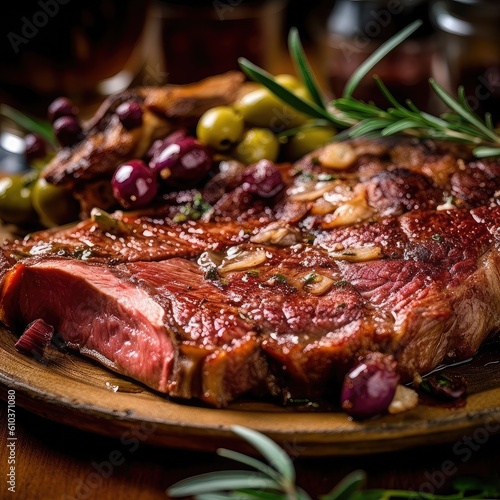 A plate of bistecca alla fiorentina, grilled steak with herbs. photo