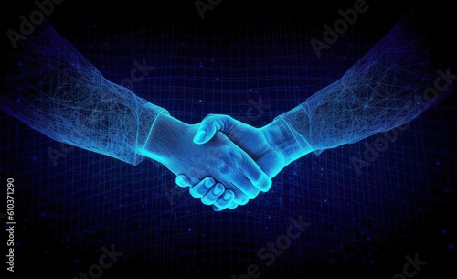 Two wire-frame glowing hands, handshake, technology, business, trust concept