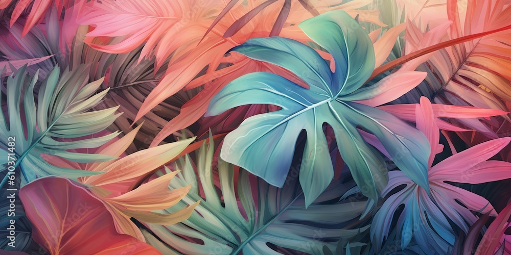 AI Generated. AI Generative. Jungle leaves exotic tropical pastel warm colors pattern. Can be used for decoration or design.Graphic Art AI Generated. AI Generative. Jungle leaves exotic tropical pastel warm colors pattern. Can be used for decoration or design.Graphic Art
