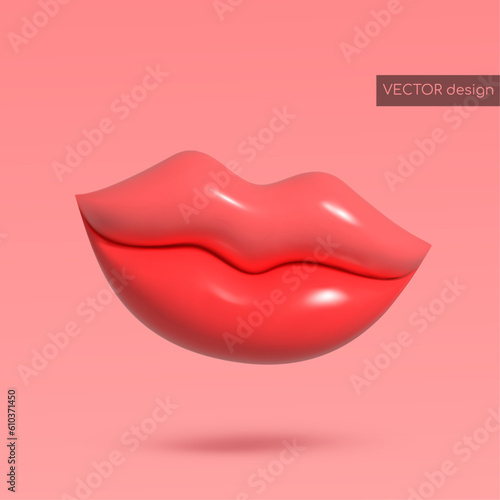 Vector 3d render red plump lips, isolated on pink background. Beauty icon. Vector illustration for postcard, icons, poster, banner, web, design, arts.