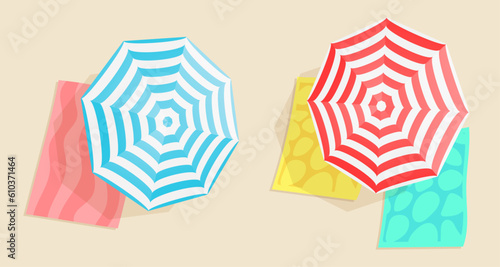 Top view of a cartoon beach red and blue striped umbrellas with pink, blue, yellow towels. Vector illustration for card, party, design, flyer, banner, web, advertising, promotion.