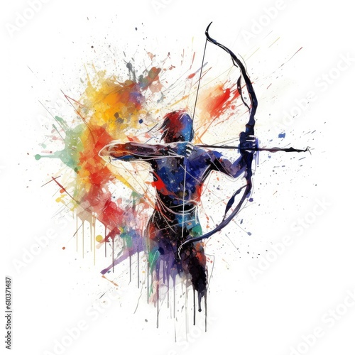 Colored hand sketch man shooting a bow and arrow. Vector illustration