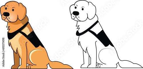 Emotional support dog with harness vector illustration , working dog sitting on the ground colored and line drawing vector image