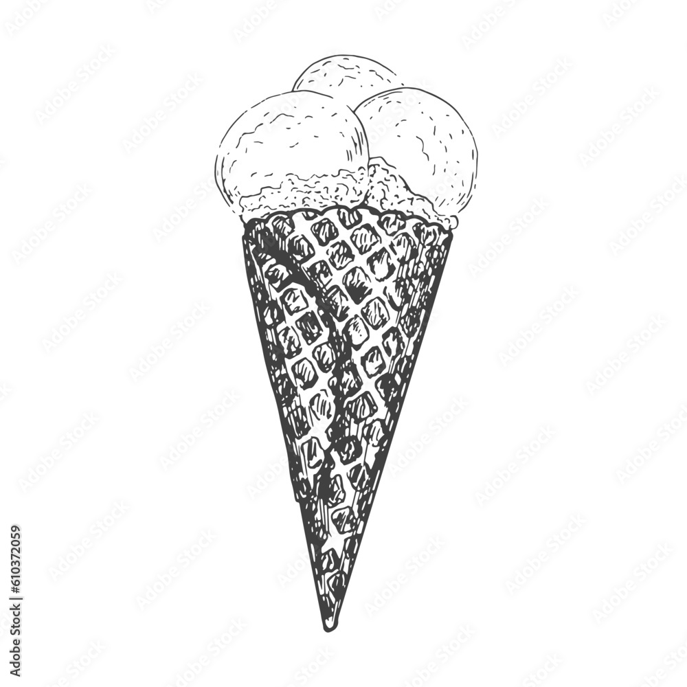 Three scoops of ice cream sketch. Ice cream in waffle cone isolated on white background. Frozen dessert. Black and white gelato drawing with hatching. Three scoops of ice cream sketch. Ice cream in waffle cone isolated on white background. Frozen dessert. Black and white gelato drawing with hatching.