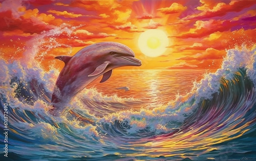  dolphin. sun set, The dolphin gracefully jumps amidst the sunset, emanating a vibrant energy and captivating beauty.   Generative AI © omune