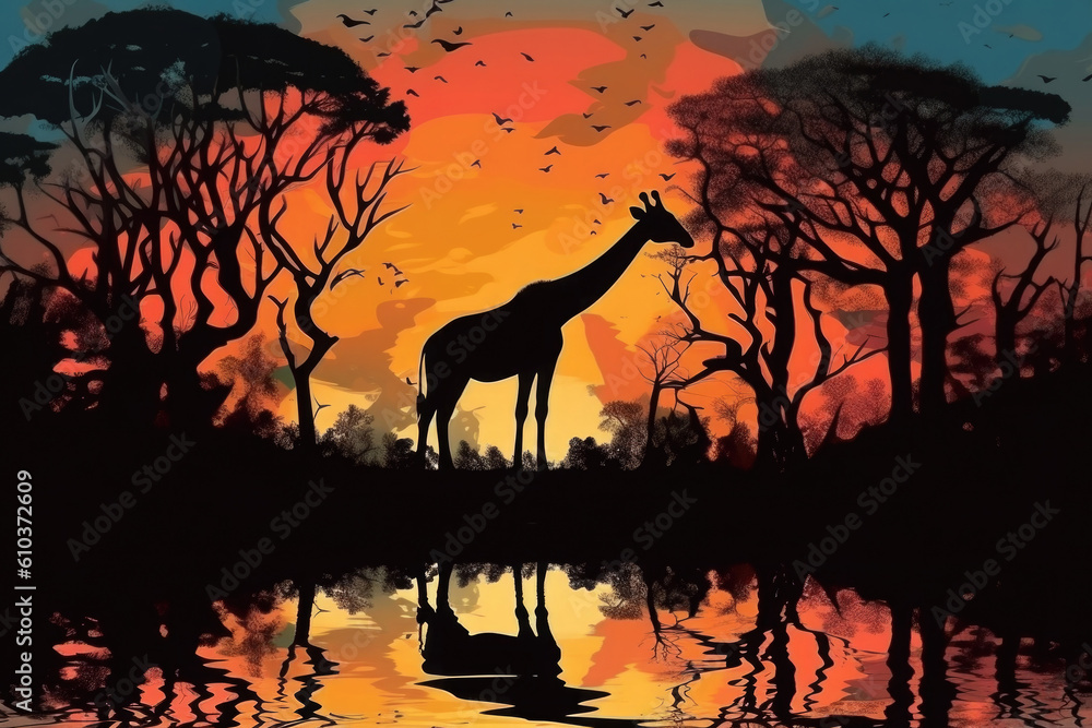 Silhouette of giraffes in African savannah. Wild animal at sunset natural background. Created with Generative AI