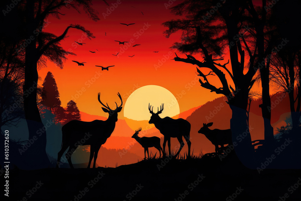 Deer silhouettes at sunset. Wild animal in natural landscape. Created with Generative AI