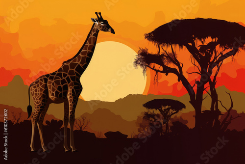 Silhouette of giraffes in African savannah. Wild animal at sunset natural background. Created with Generative AI © Lazy_Bear
