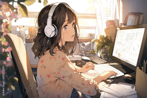 A woman working on a computer in her room, Generative AI