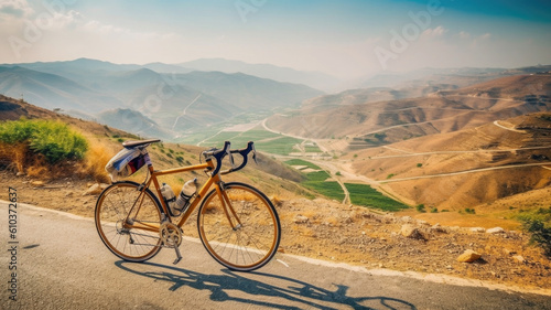 Gravel bike at road with beautiful mountain landscape. Created with Generative AI