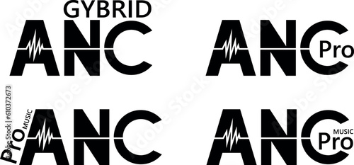 Active noise cancelling. Noise reduction. ANC inscriptions. Symbol indicating the noise cancellation system used in headphones and hi-fi devices. Black letters. Simple vector illustration. photo