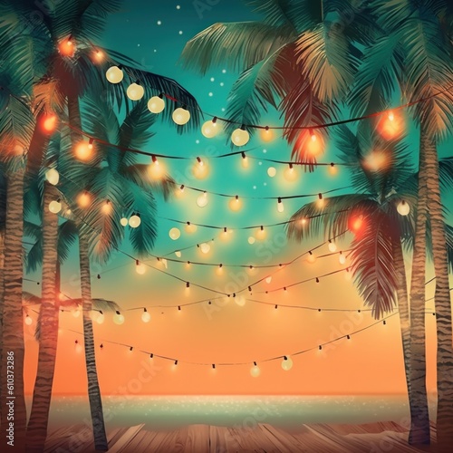 Summer night beach party background. Illustration AI Generative.