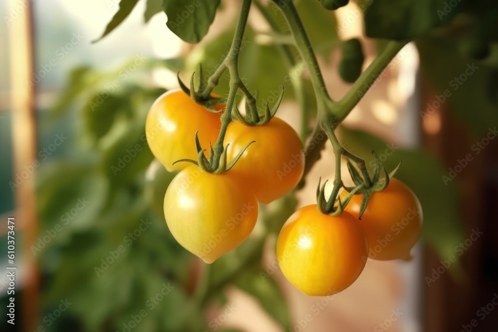 Yellow ripe tomato in garden. Illustration AI Generative.