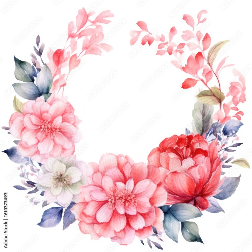Watercolor pink floral wreath. Illustration AI Generative.