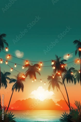 Summer night beach party background. Illustration AI Generative.