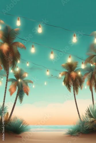 Summer night beach party background. Illustration AI Generative.