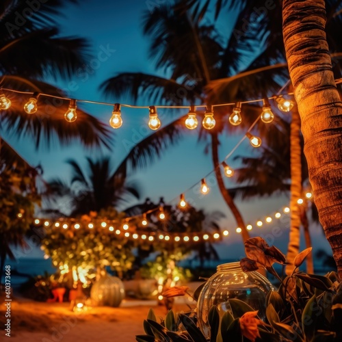 Summer night beach party background. Illustration AI Generative.