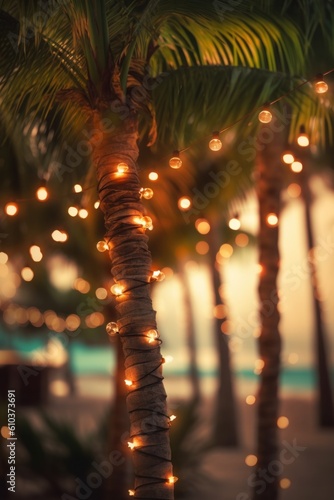 Summer night beach party background. Illustration AI Generative.