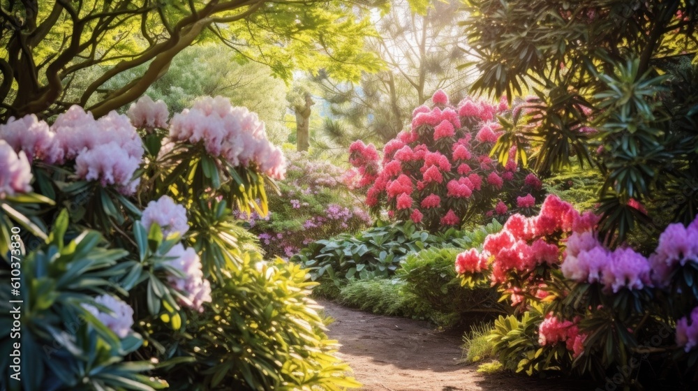 Rhododendron flower in summer garden. Illustration AI Generative. Rhododendron flower in summer garden. Illustration AI Generative.