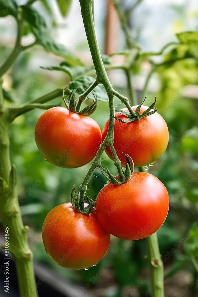 Red ripe tomato in garden. Illustration AI Generative