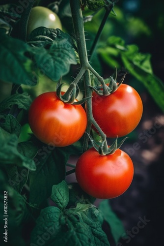 Red ripe tomato in garden. Illustration AI Generative