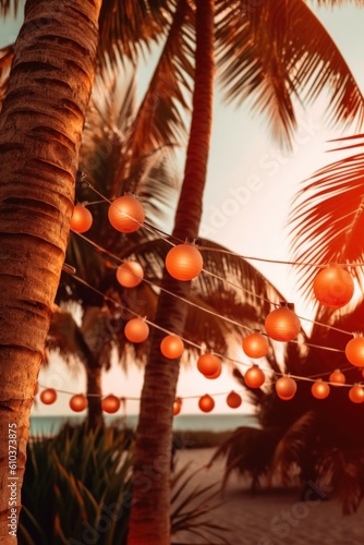 Summer night beach party background. Illustration AI Generative.