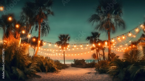 Summer night beach party background. Illustration AI Generative.
